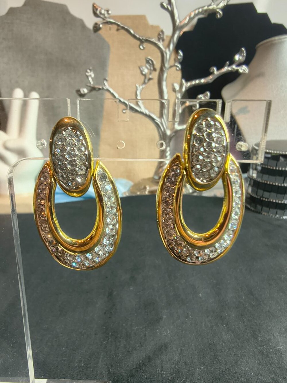 Gold Tone Clear Rhinestone Door Knocker Clip on Earrings